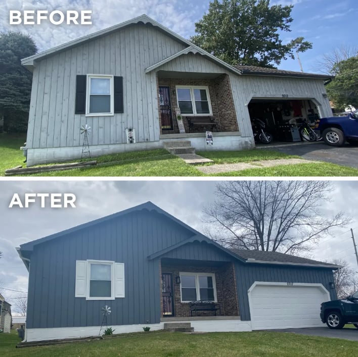 Before and after exterior house painting transformation in Decatur Illinois by Clean Cut Painting